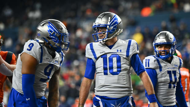 Feb 23, 2023; Seattle, WA, USA; St. Louis Battlehawks quarterback AJ McCarron (10) celebrates after scoring a touchdown against the Seattle Sea Dragons during the first half at Lumen Field. Mandatory Credit: Steven Bisig-USA TODAY Sports